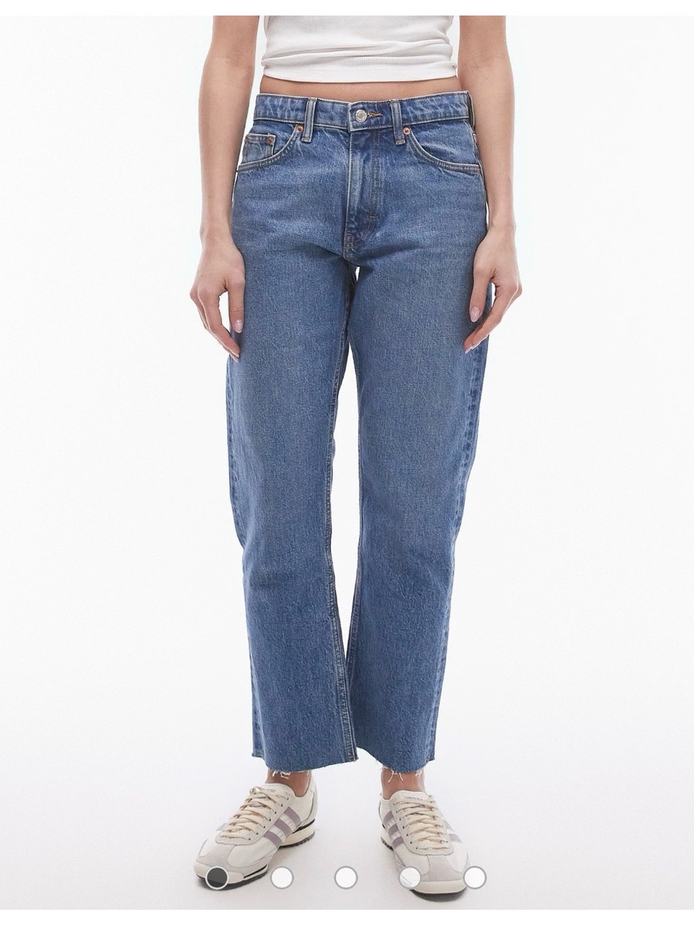 Topshop mid rise straight cropped jean with raw hems in mid blue
